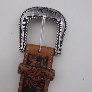 Tony Lama Belt Men 34 Brown Top Grain Leather Western Tooled C41774 Made in USA